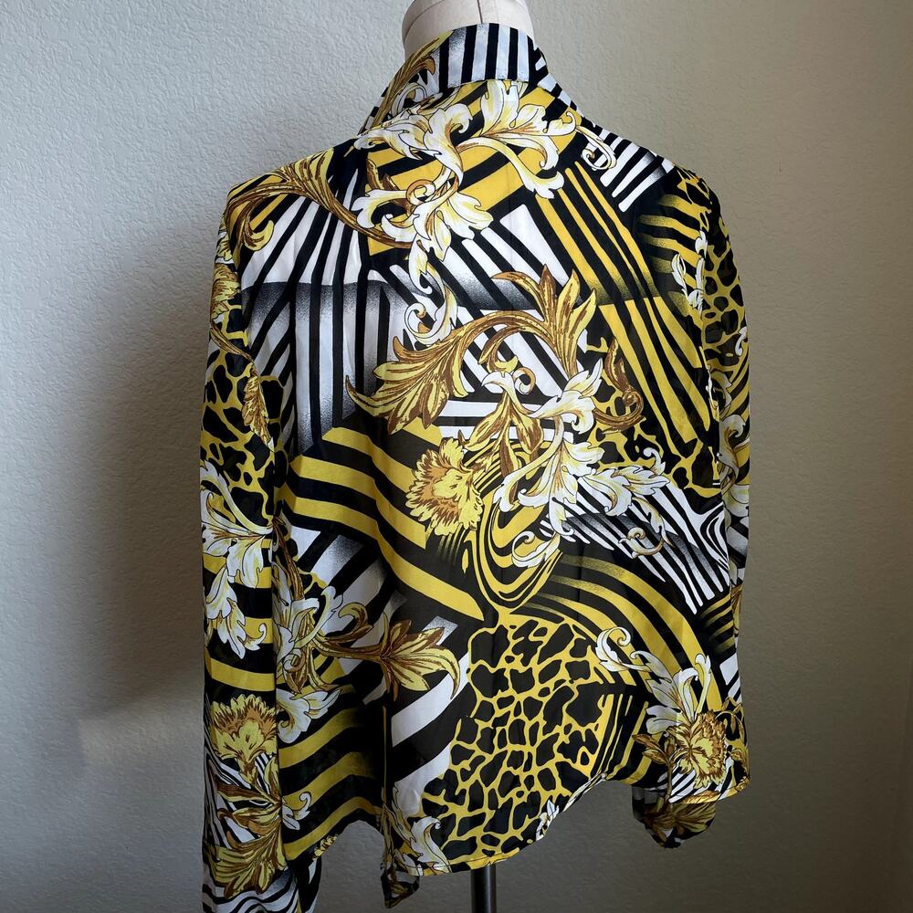 Love J yellow Black Baroque print chiffon sheer long sleeve blouse women plus 2X - Picture 6 of 8